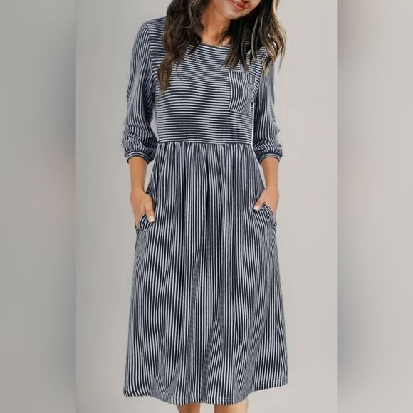 Merokeety Womans 3/4 Ballon Sleeve Striped High Waist Dress - Picture 3 of 9